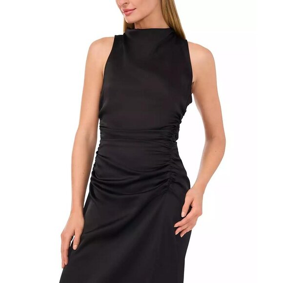 CeCe Womens Formal Black Satin Ruched Side-Split Long Dress/Gown Size 10 NWT - Picture 2 of 3